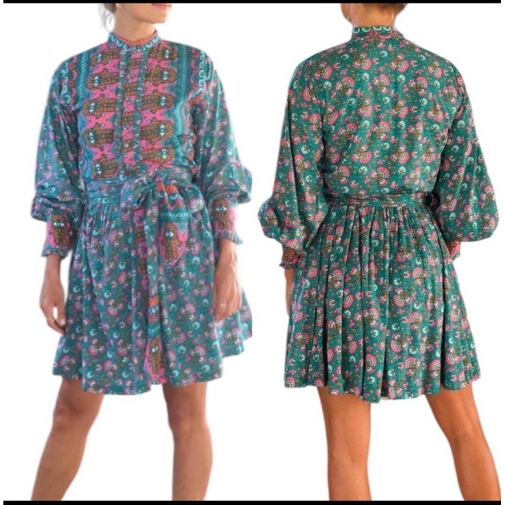FEATHER & FIND Women Dress Sz S Hamsa Hand Teal Pink Button‎ Front Mini Shirt